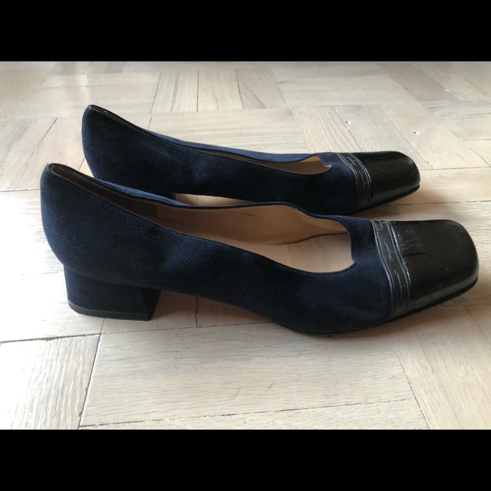 Ferragamo Suede with Black Patent cap-toes